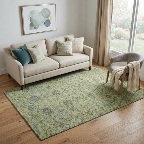 5' X 8' Mint Green Beige And Teal Floral Washable Area Rug With UV Protection