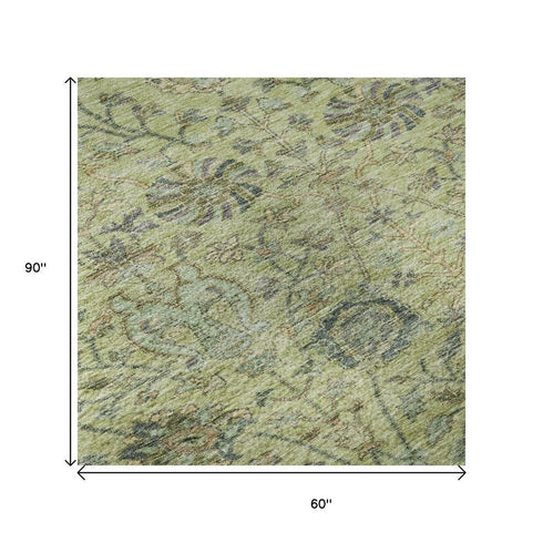 5' X 8' Mint Green Beige And Teal Floral Washable Area Rug With UV Protection