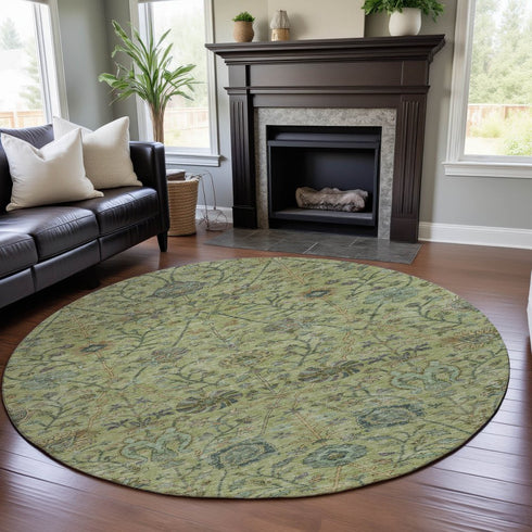 8' Mint Green Beige And Teal Floral Washable Round Rug With UV Protection