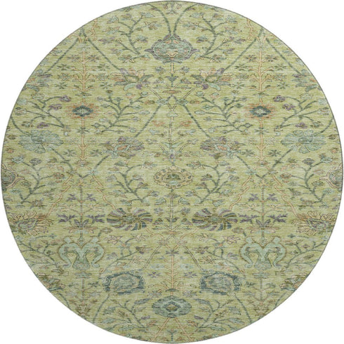 8' Mint Green Beige And Teal Floral Washable Round Rug With UV Protection