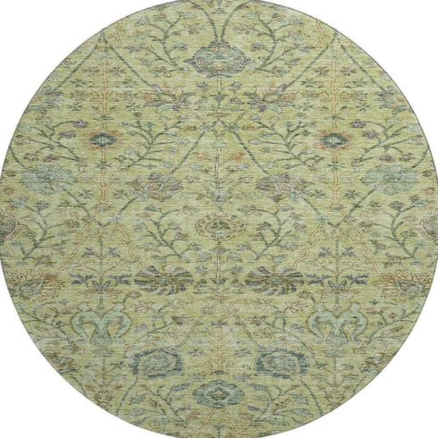 8' Mint Green Beige And Teal Floral Washable Round Rug With UV Protection