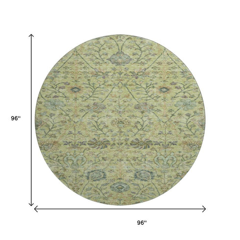 8' Mint Green Beige And Teal Floral Washable Round Rug With UV Protection