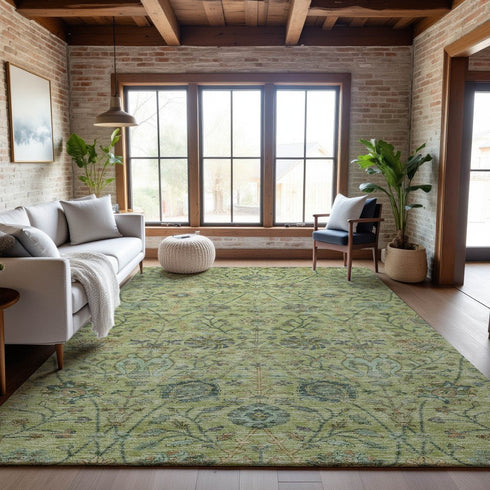 8' X 10' Mint Green Beige And Teal Floral Washable Area Rug With UV Protection