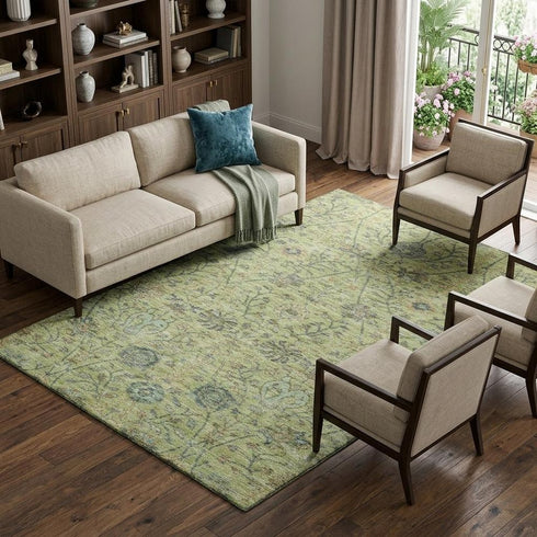 8' X 10' Mint Green Beige And Teal Floral Washable Area Rug With UV Protection