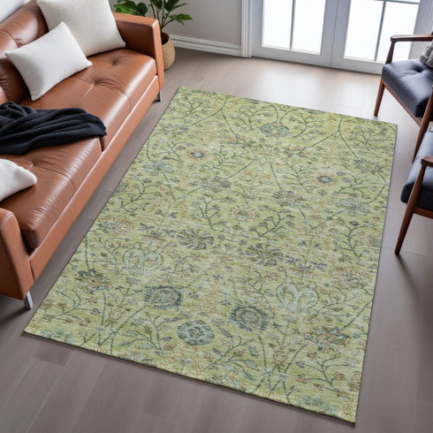8' X 10' Mint Green Beige And Teal Floral Washable Area Rug With UV Protection