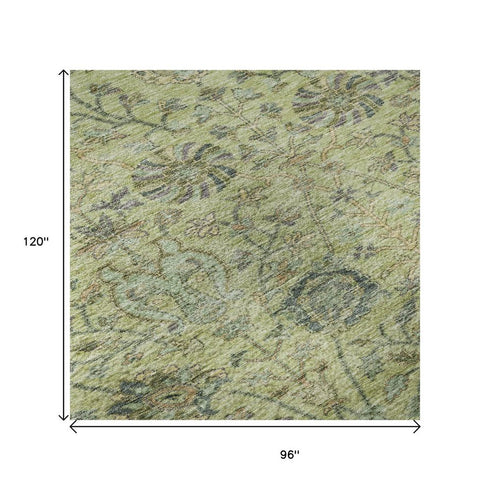 8' X 10' Mint Green Beige And Teal Floral Washable Area Rug With UV Protection