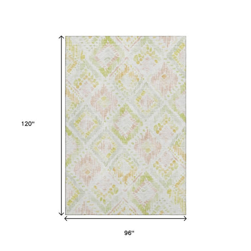 8' X 10' Pink Lime Green And Ivory Geometric Washable Area Rug With UV Protection