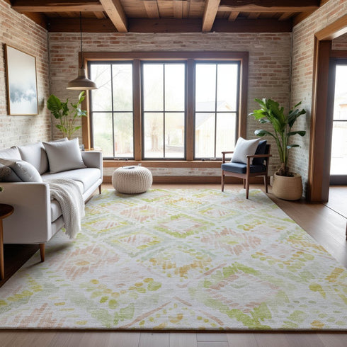 8' X 10' Pink Lime Green And Ivory Geometric Washable Area Rug With UV Protection
