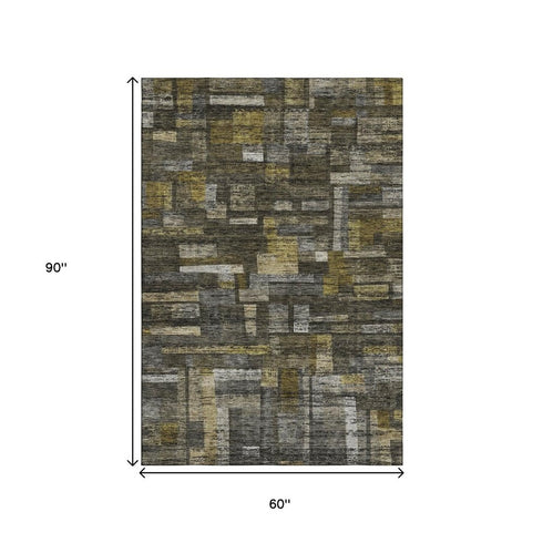 5' X 8' Charcoal Gray And Gold Striped Washable Area Rug With UV Protection
