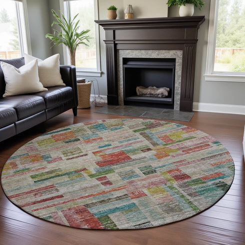 8' Rust Orange Green And Teal Striped Washable Round Rug With UV Protection