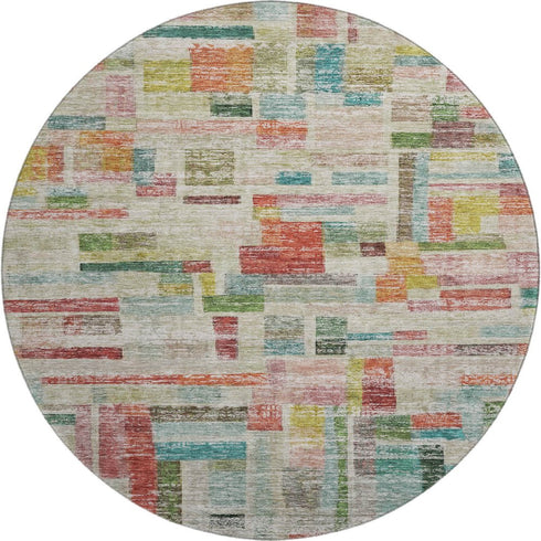 8' Rust Orange Green And Teal Striped Washable Round Rug With UV Protection