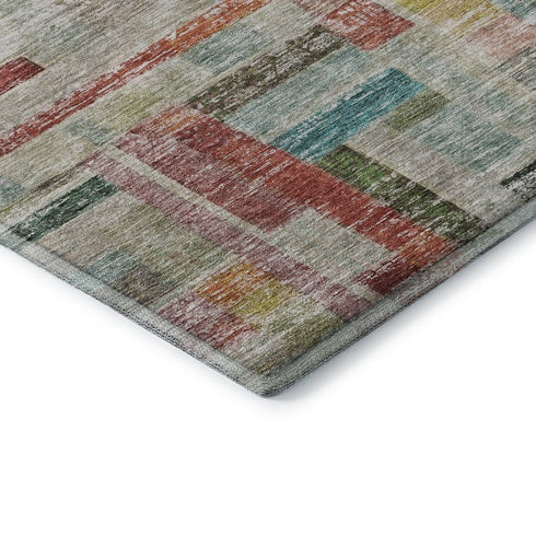 8' Rust Orange Green And Teal Striped Washable Round Rug With UV Protection