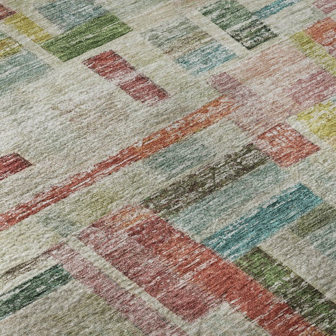 8' Rust Orange Green And Teal Striped Washable Round Rug With UV Protection
