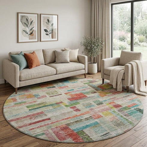 8' Rust Orange Green And Teal Striped Washable Round Rug With UV Protection
