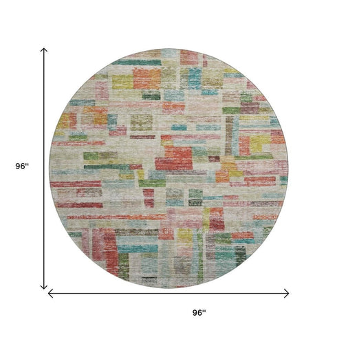 8' Rust Orange Green And Teal Striped Washable Round Rug With UV Protection