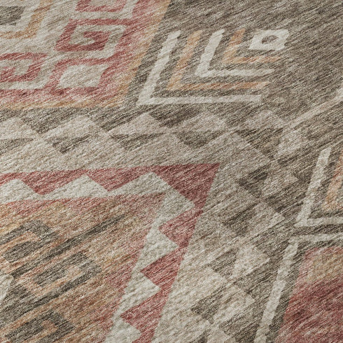 5' X 8' Brown Salmon And Ivory Geometric Washable Area Rug With UV Protection