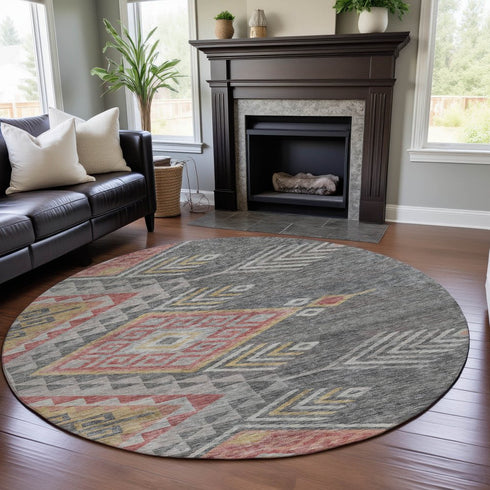 8' Gray Gold And Salmon Geometric Washable Round Rug With UV Protection