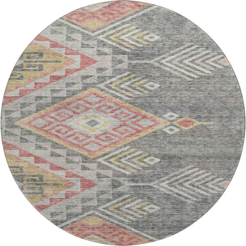 8' Gray Gold And Salmon Geometric Washable Round Rug With UV Protection