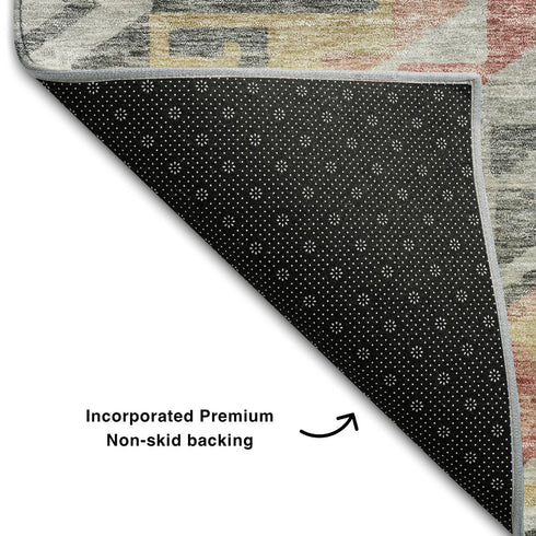 8' Gray Gold And Salmon Geometric Washable Round Rug With UV Protection