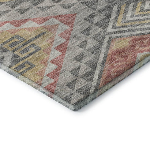 8' Gray Gold And Salmon Geometric Washable Round Rug With UV Protection