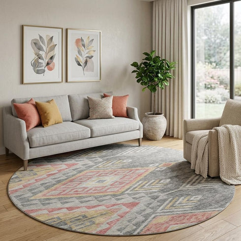 8' Gray Gold And Salmon Geometric Washable Round Rug With UV Protection