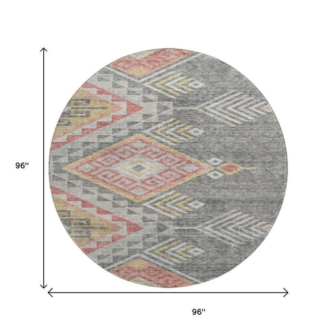 8' Gray Gold And Salmon Geometric Washable Round Rug With UV Protection