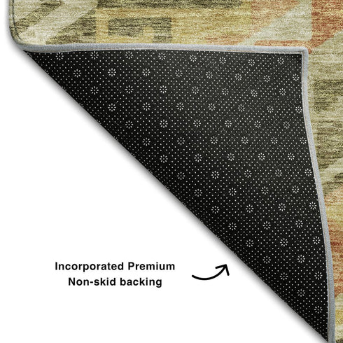 5' X 8' Green Gold And Salmon Geometric Washable Area Rug With UV Protection