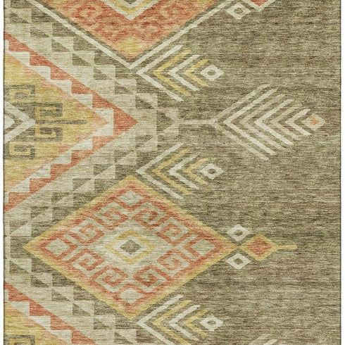 5' X 8' Green Gold And Salmon Geometric Washable Area Rug With UV Protection