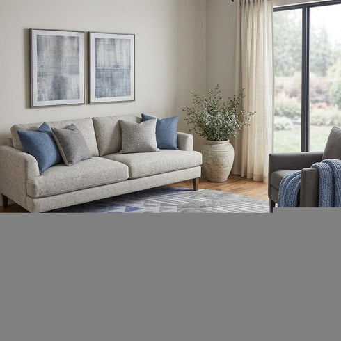 8' Pewter Blue And Gray Geometric Washable Round Rug With UV Protection