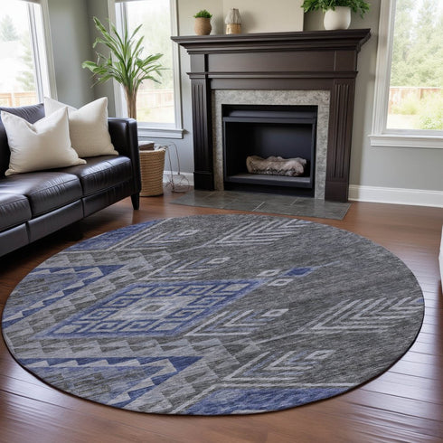 8' Pewter Blue And Gray Geometric Washable Round Rug With UV Protection
