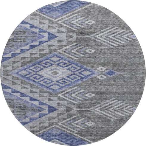 8' Pewter Blue And Gray Geometric Washable Round Rug With UV Protection