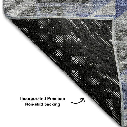 8' Pewter Blue And Gray Geometric Washable Round Rug With UV Protection