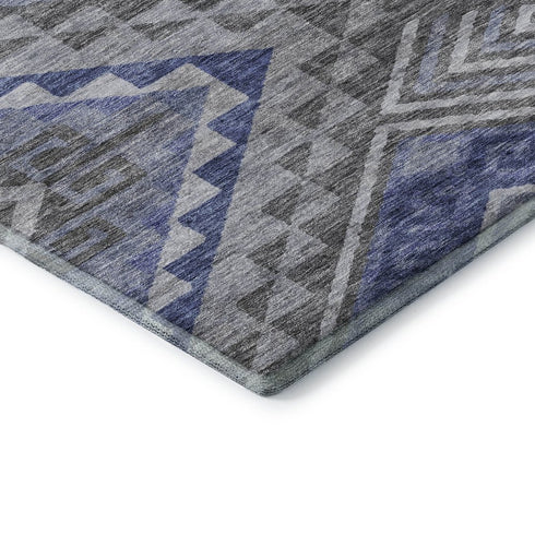 8' Pewter Blue And Gray Geometric Washable Round Rug With UV Protection