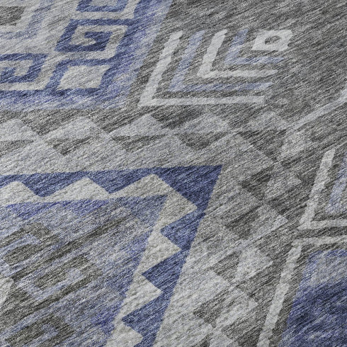 8' Pewter Blue And Gray Geometric Washable Round Rug With UV Protection