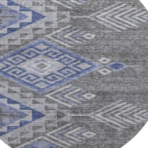 8' Pewter Blue And Gray Geometric Washable Round Rug With UV Protection