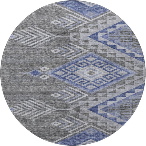 8' Pewter Blue And Gray Geometric Washable Round Rug With UV Protection