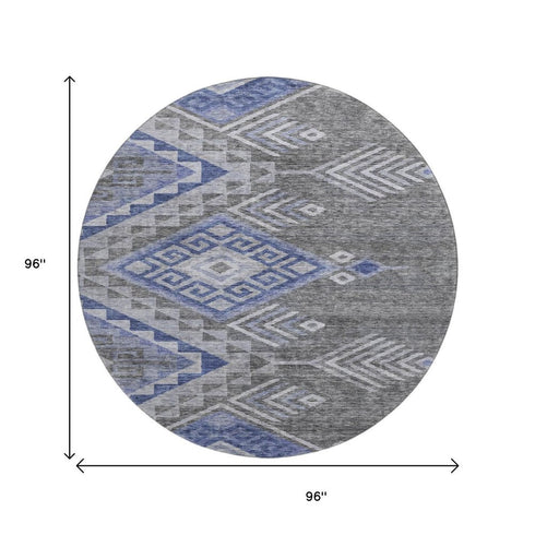 8' Pewter Blue And Gray Geometric Washable Round Rug With UV Protection