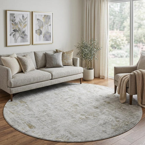 8' Silver Ivory And Beige Floral Washable Round Rug With UV Protection