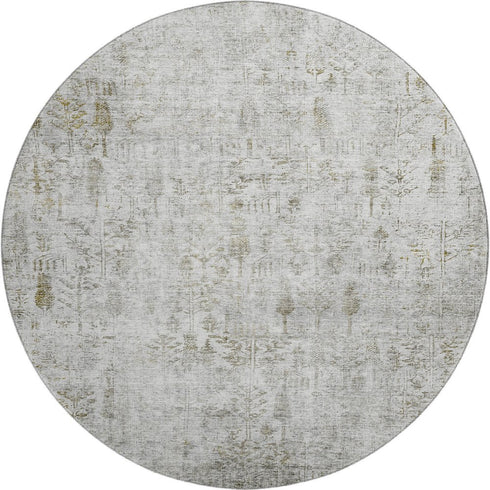 8' Silver Ivory And Beige Floral Washable Round Rug With UV Protection