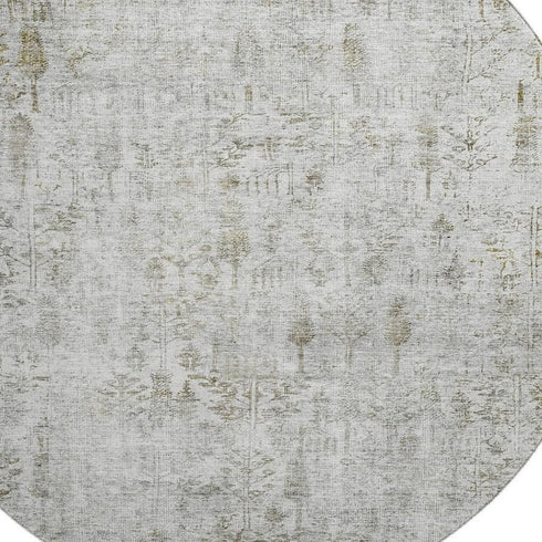 8' Silver Ivory And Beige Floral Washable Round Rug With UV Protection