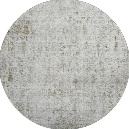 8' Silver Ivory And Beige Floral Washable Round Rug With UV Protection