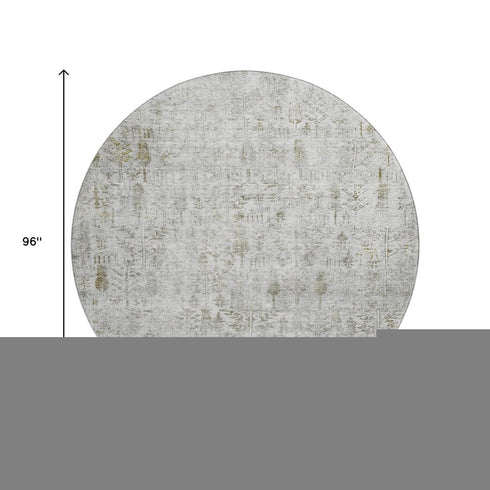 8' Silver Ivory And Beige Floral Washable Round Rug With UV Protection