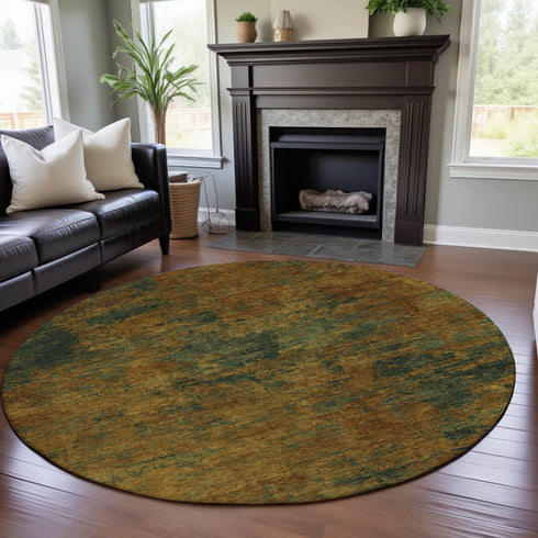 8' Copper Gold And Teal Abstract Washable Round Rug With UV Protection
