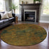 8' Copper Gold And Teal Abstract Washable Round Rug With UV Protection
