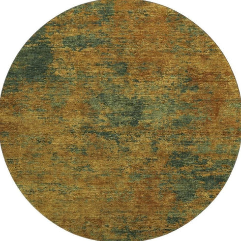 8' Copper Gold And Teal Abstract Washable Round Rug With UV Protection