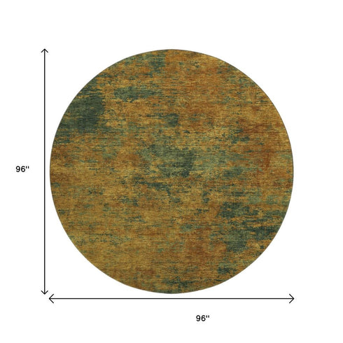 8' Copper Gold And Teal Abstract Washable Round Rug With UV Protection
