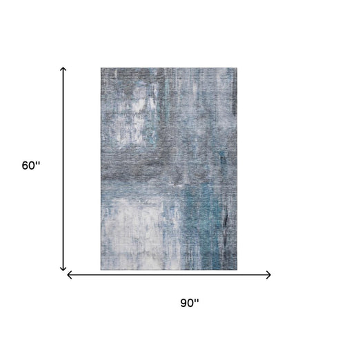 5' X 8' Blue Ivory And Gray Abstract Washable Area Rug With UV Protection