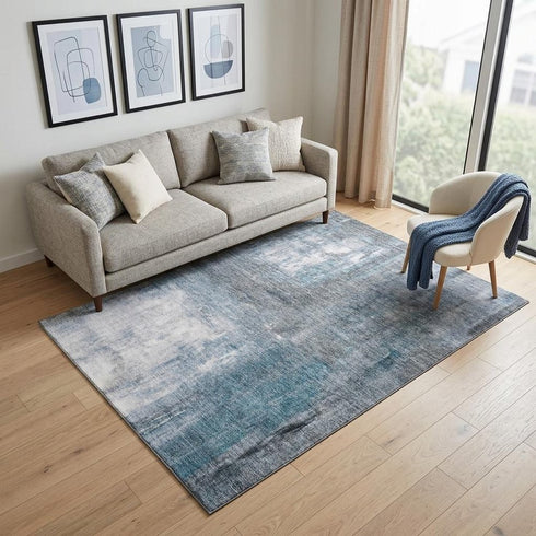 5' X 8' Blue Ivory And Gray Abstract Washable Area Rug With UV Protection
