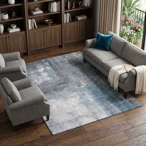 8' X 10' Blue Ivory And Gray Abstract Washable Area Rug With UV Protection