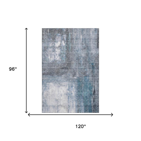 8' X 10' Blue Ivory And Gray Abstract Washable Area Rug With UV Protection